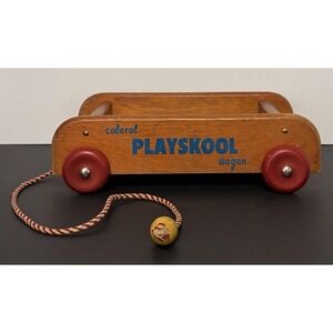 Vintage Playskool Wood Pull Wagon Red Wheels Toy Colorol Mid Century Prop 1950